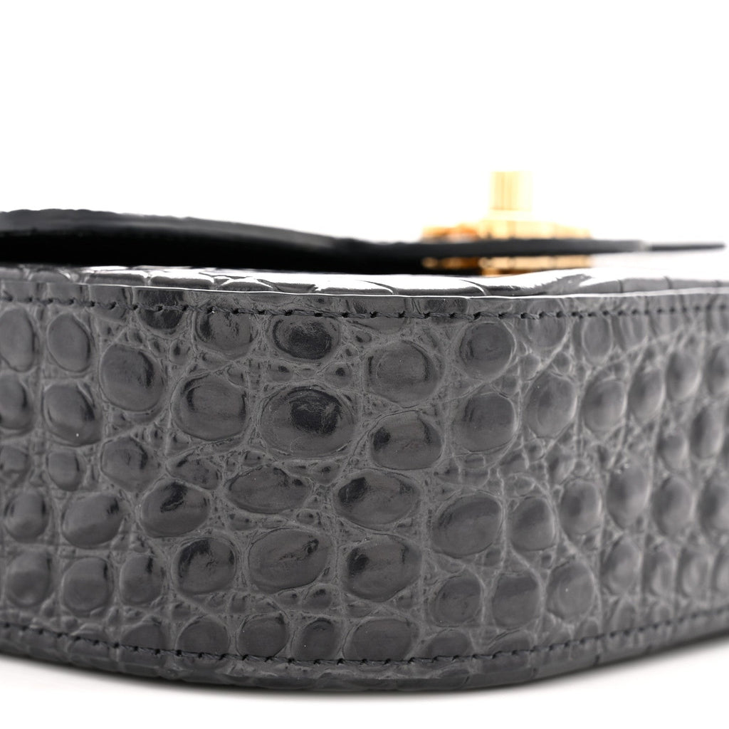 Calfskin Crocodile Embossed Turn Around Mini Flap Dark Grey
