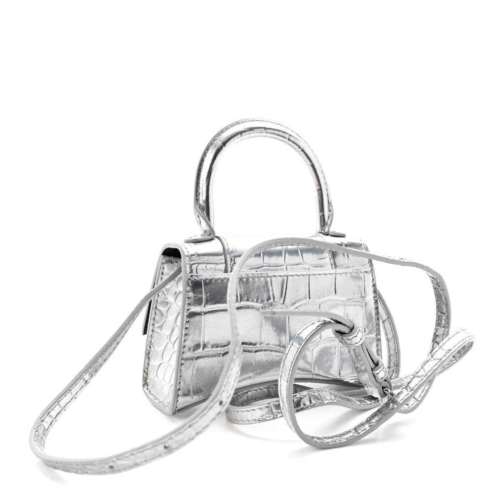 Metallic Calfskin Crocodile Embossed Hourglass Top Handle Bag Mini Silver