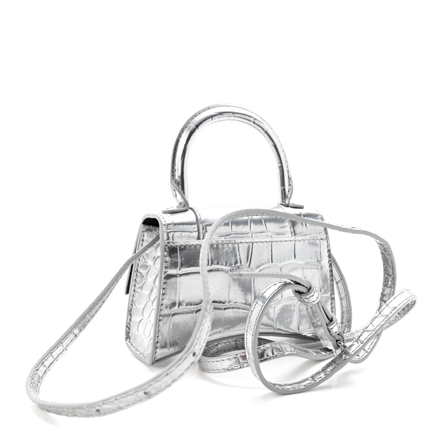 Metallic Calfskin Crocodile Embossed Hourglass Top Handle Bag Mini Silver