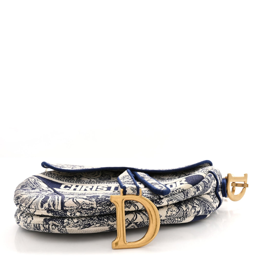 Canvas Embroidered Toile de Jouy Saddle Bag Blue