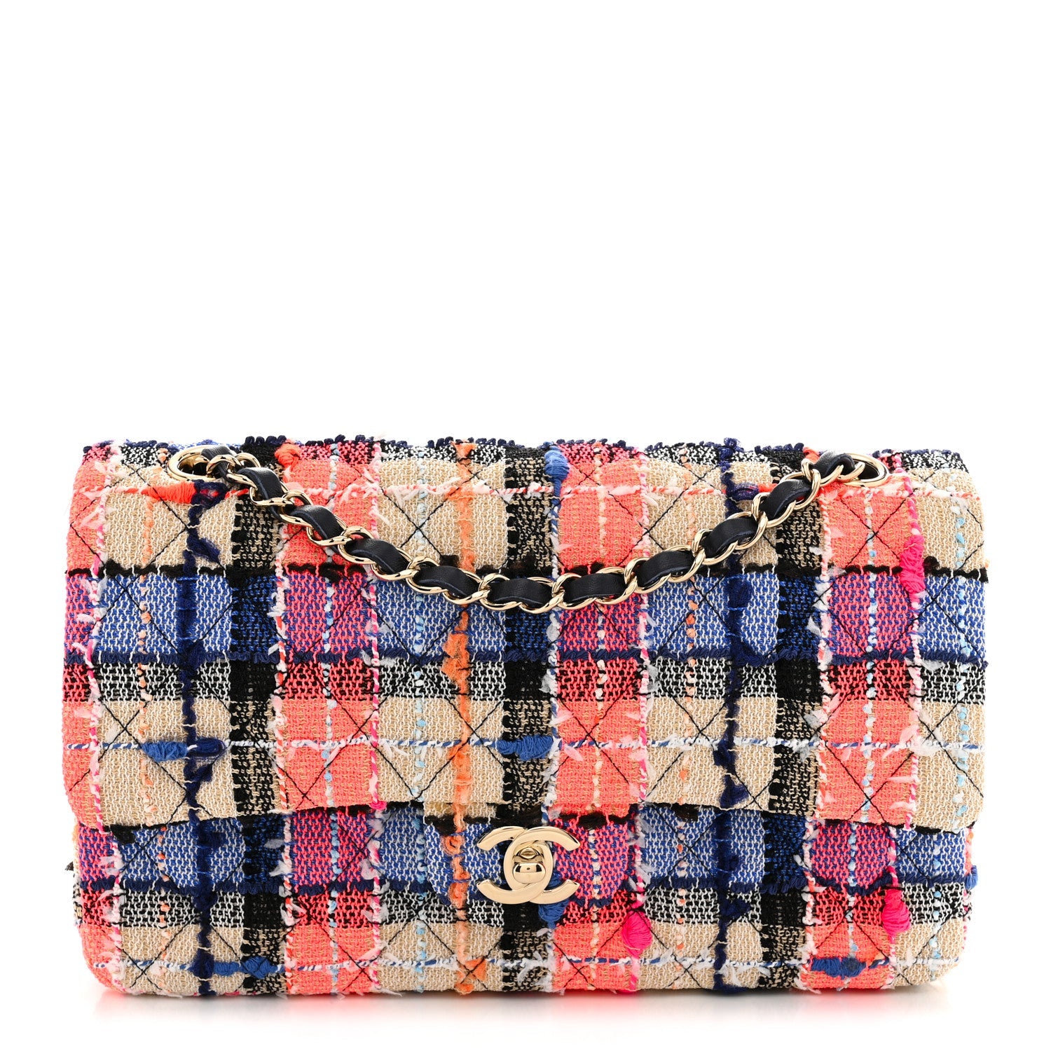 Tweed Quilted Medium Double Flap Blue Orange Yellow