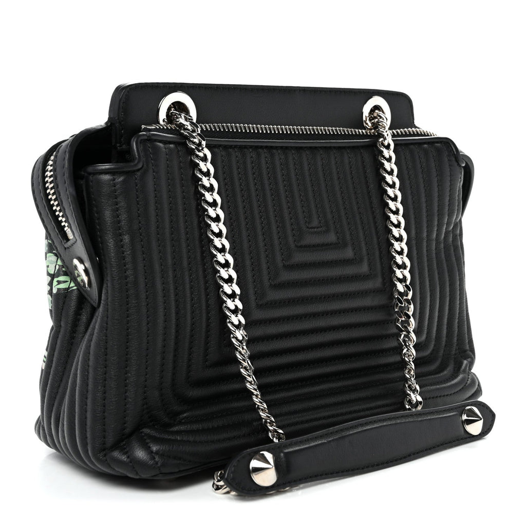 Calfskin Trapuntata Floral Small DotCom Click Chain Satchel Black Multicolor