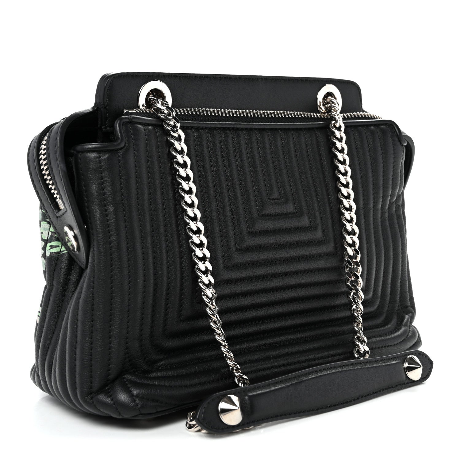 Calfskin Trapuntata Floral Small DotCom Click Chain Satchel Black Multicolor