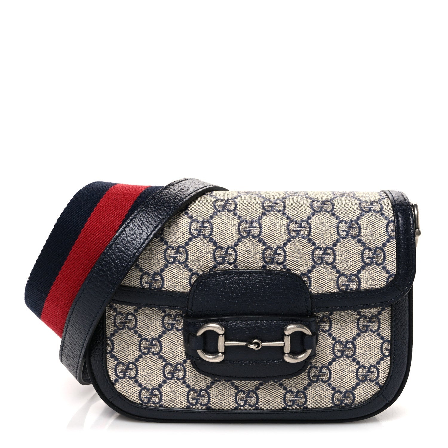 GG Supreme Monogram Textured Dollar Calfskin Web Mini Horsebit 1955 Shoulder Bag Beige Blue