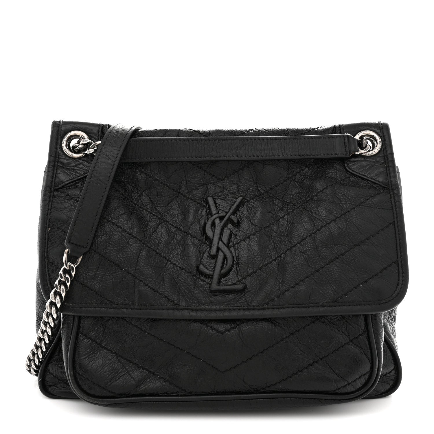 Crinkled Calfskin Matelasse Monogram Medium Niki Chain Satchel Black