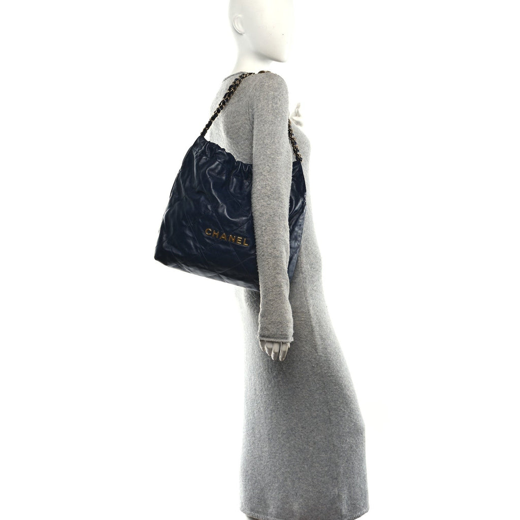 Shiny Calfskin Quilted Chanel 22 Navy Blue