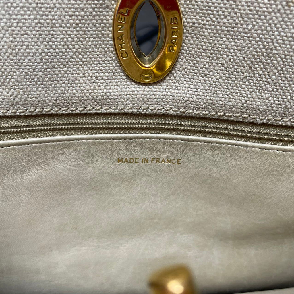 Chanel Vintage Linen Coco Mark Chain Shoulder Bag Beige 1996