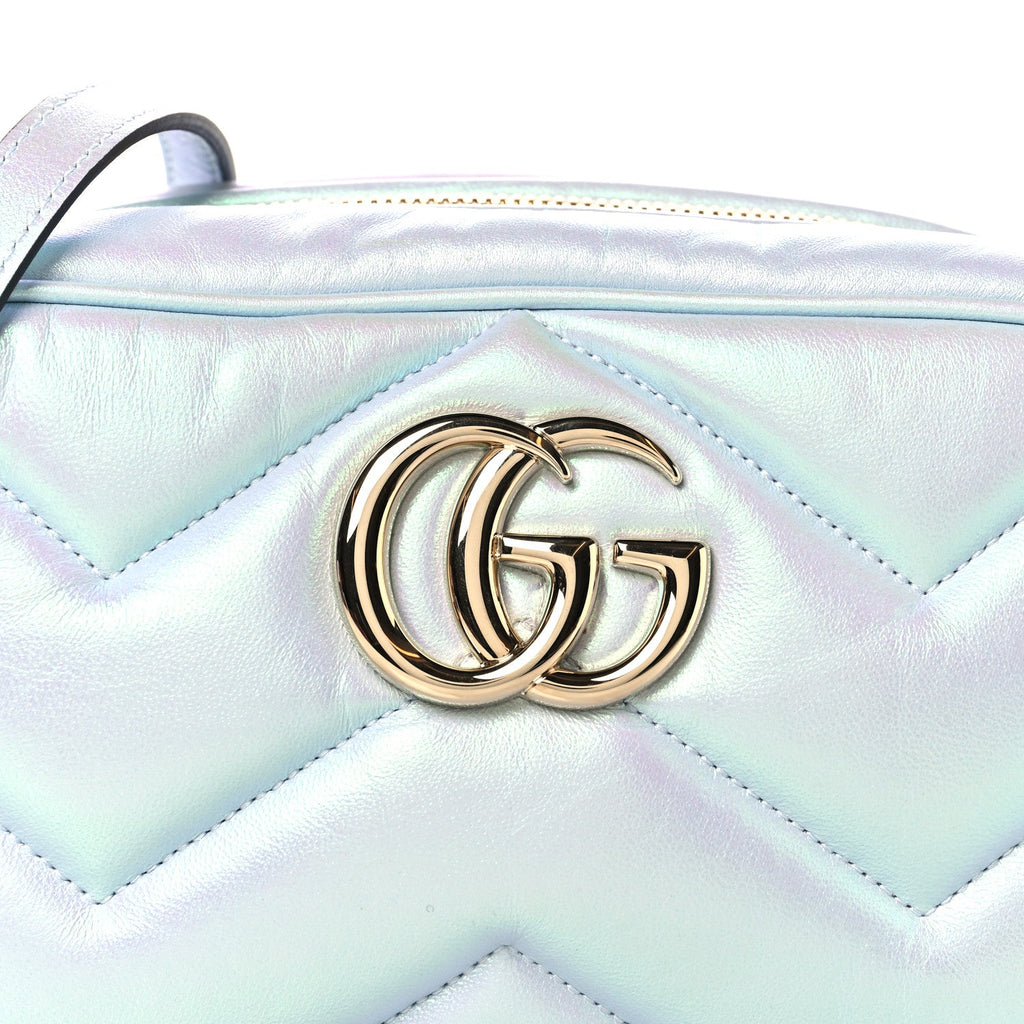 Iridescent Nappa Chevron Matelasse Small GG Marmont Chain Shoulder Bag Iridescent Snow Light Blue