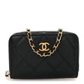 Lambskin Quilted CC Pearl Crush Zip Card Holder On Chain Black