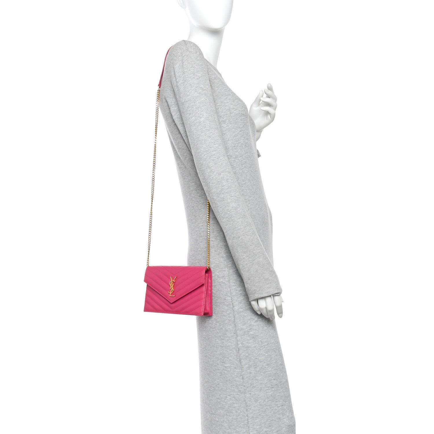 Grain De Poudre Matelasse Chevron Monogram Envelope Chain Wallet Fresh Fuchsia