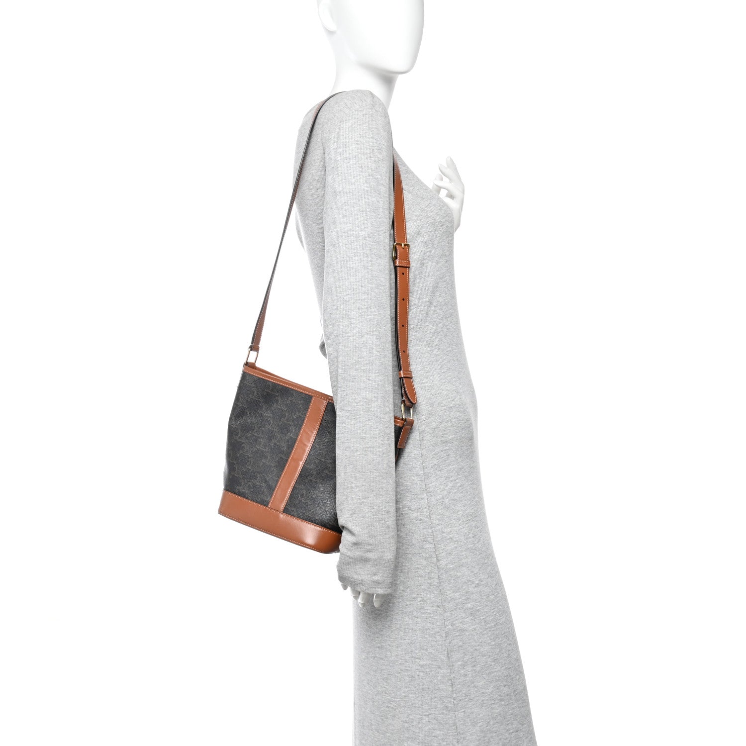 Triomphe Canvas Calfskin Small Bucket Bag Tan