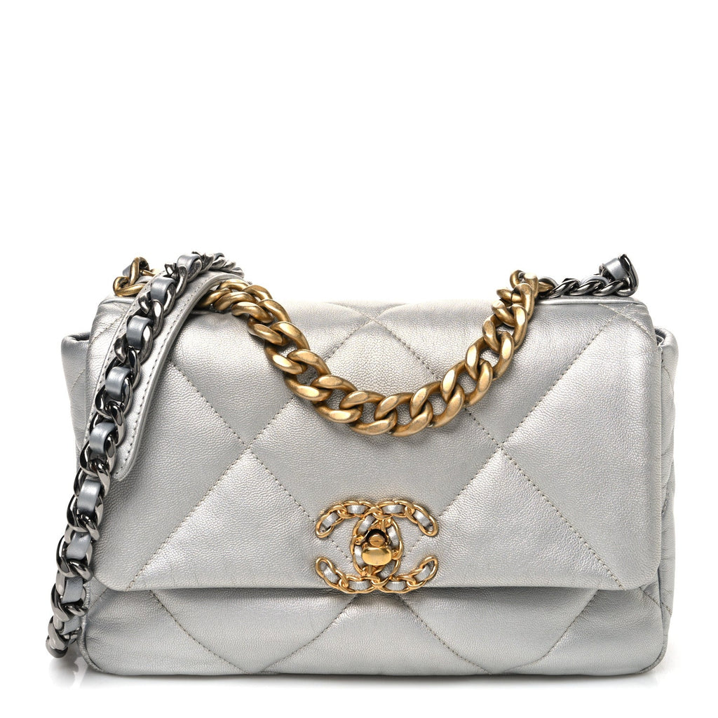 Metallic Goatskin Quilted Medium Chanel 19 Flap Silver