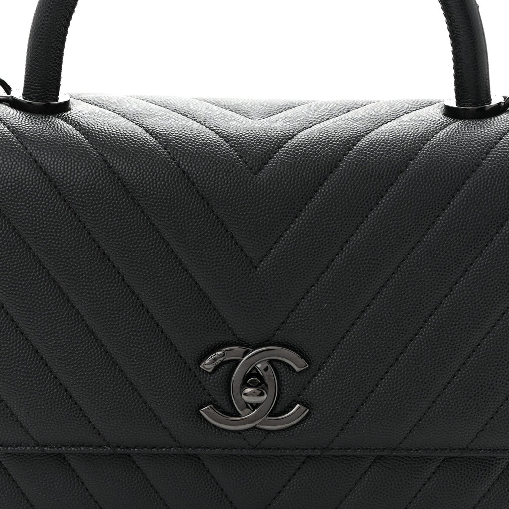 Caviar Chevron Quilted Small Coco Handle Flap So Black