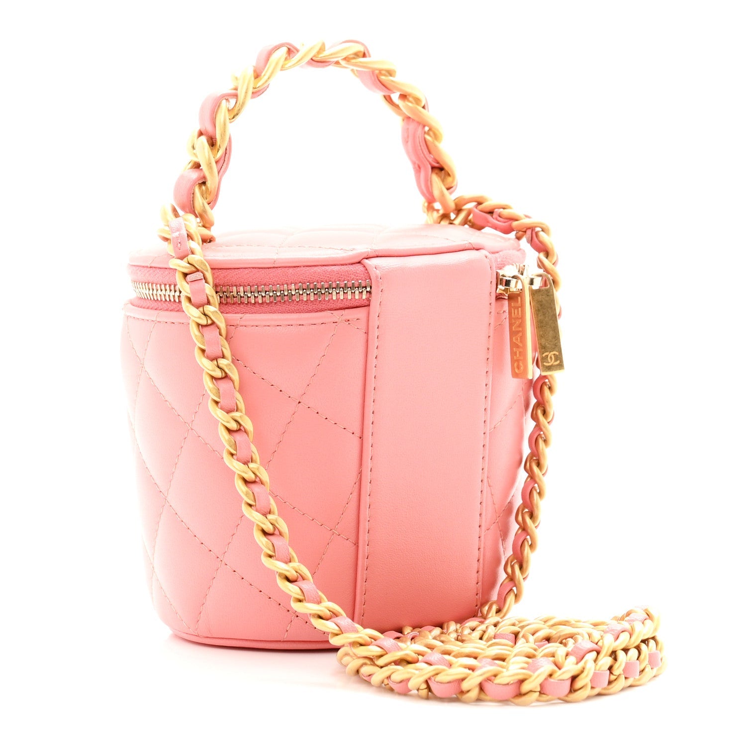 Lambskin Quilted Afternoon Tea Top Handle Vanity Case With Chain  Light Pink