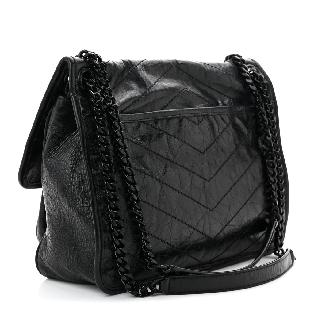 Crinkled Calfskin Matelasse Monogram Medium Niki Chain Satchel Black