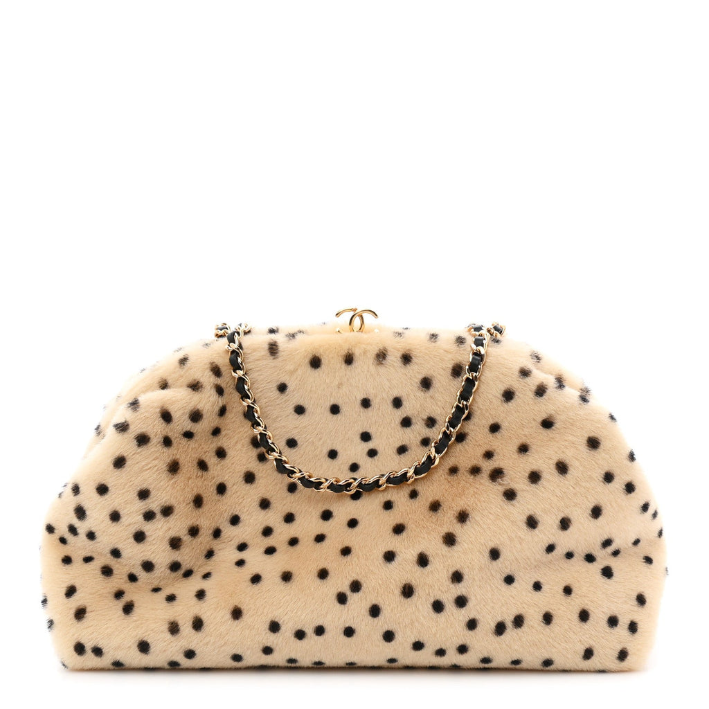 Pony Hair Cheetah Printed Lambskin Clutch With Chain Beige Black