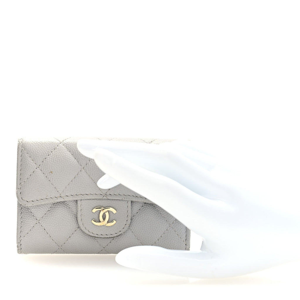 Caviar Quilted Flap Card Holder Wallet Grey