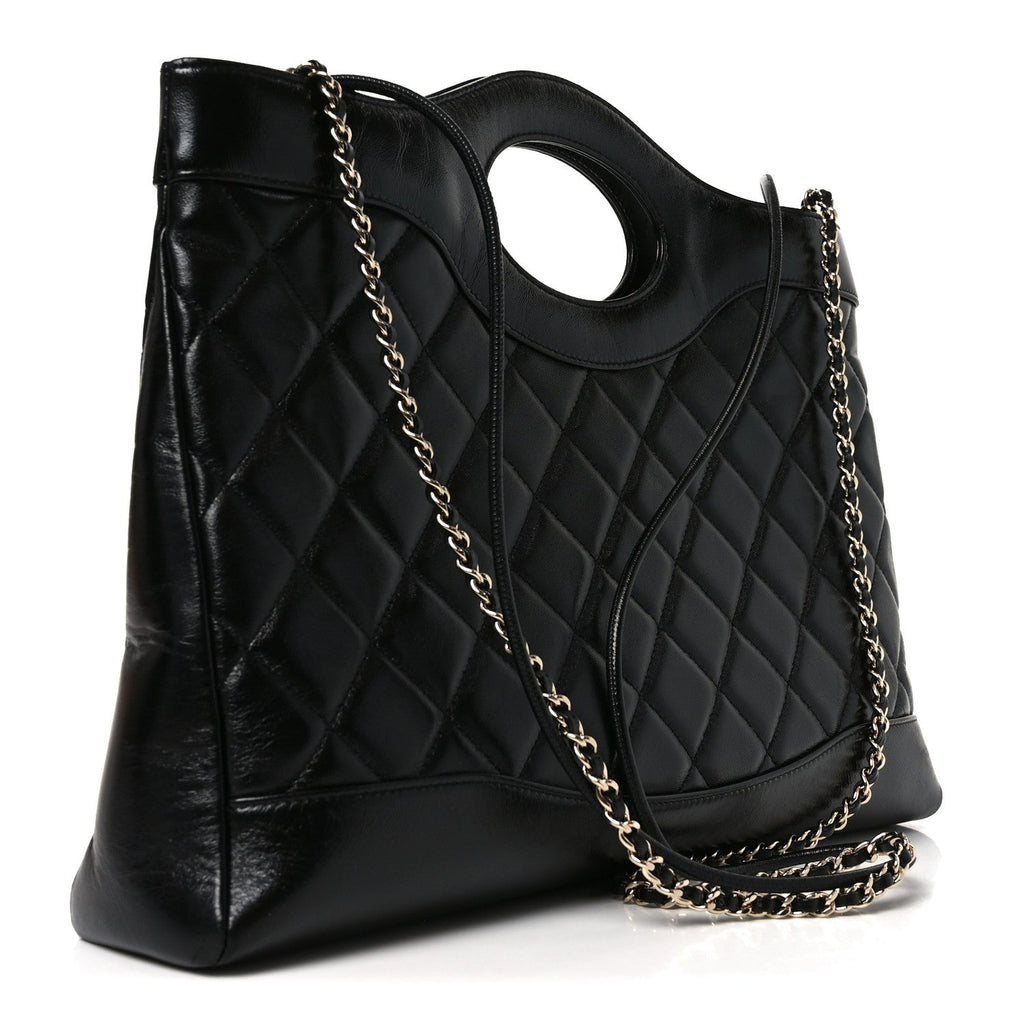 Shiny Lambskin Quilted 31 Shopping Bag Black
