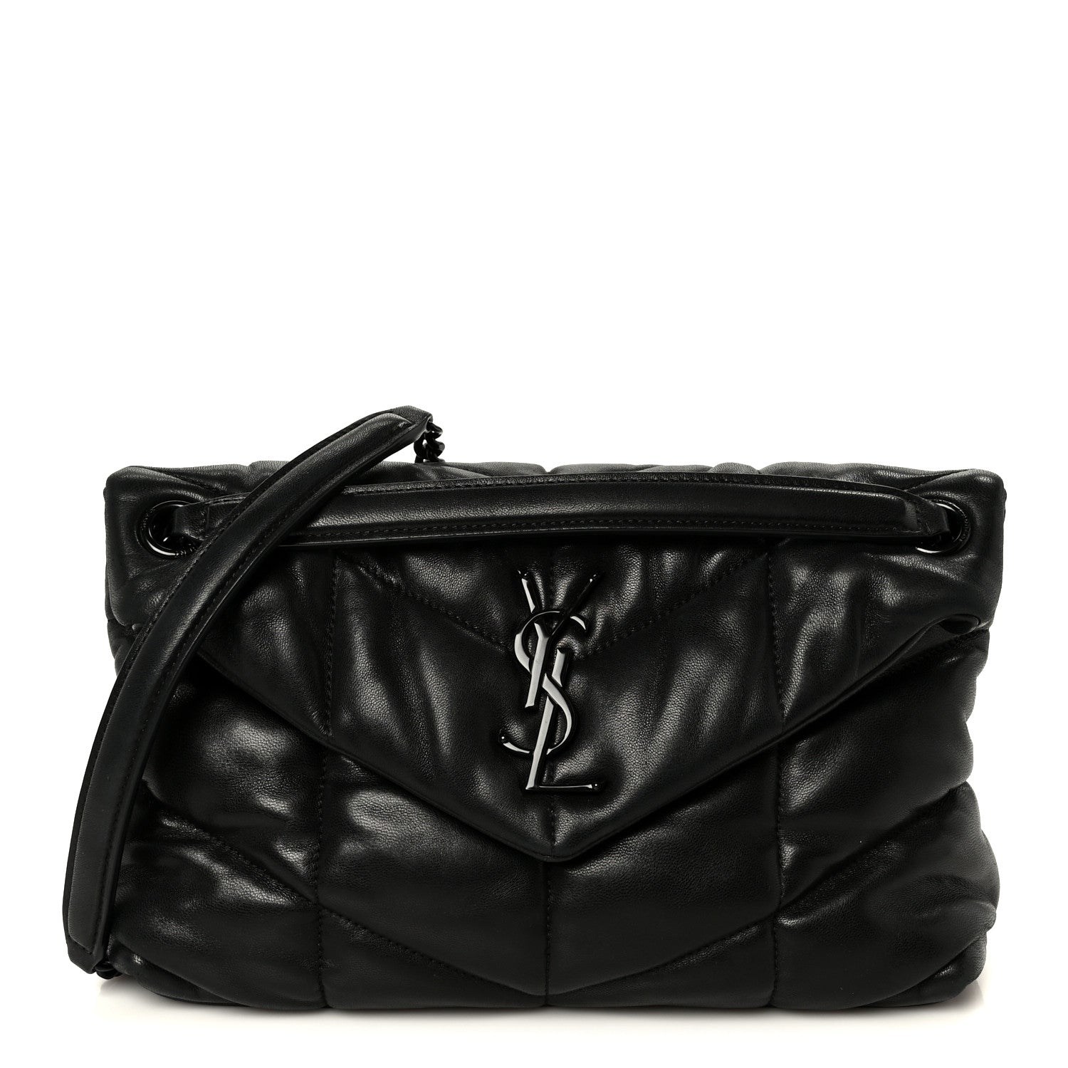 Lambskin Quilted Monogram Monochrome Small Loulou Puffer Chain Satchel Black