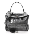 Metallized Calfskin Crocodile Embossed Mini Rodeo Top Handle Handbag Gunmetal