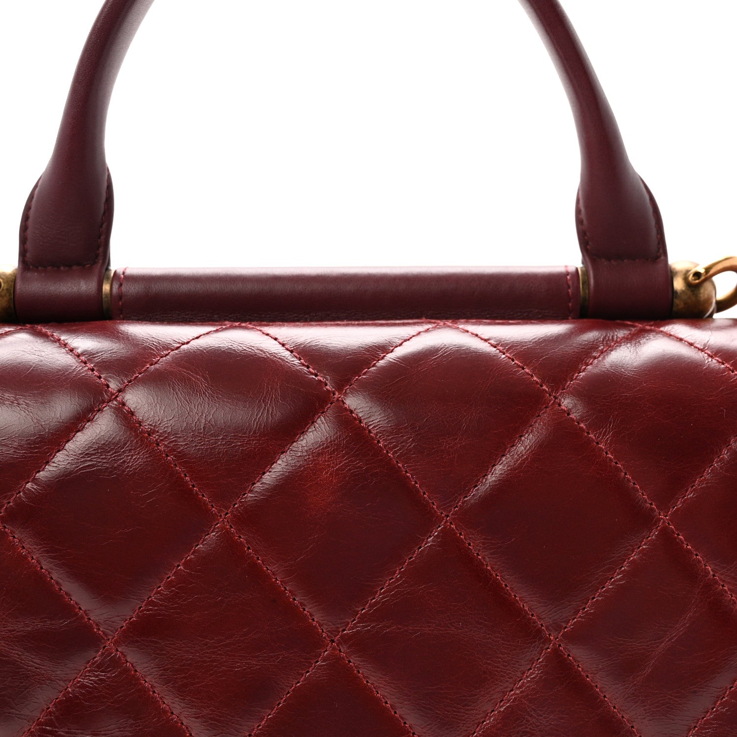 Glazed Calfskin Quilted Large Gold Bar Top Handle Flap Burgundy
