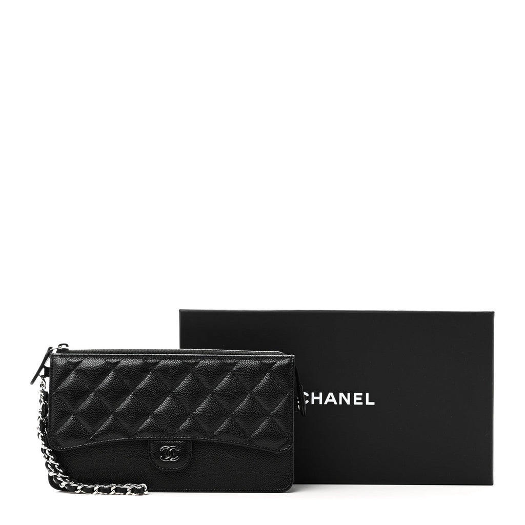 Caviar Quilted Classic Pouch With Handle Black