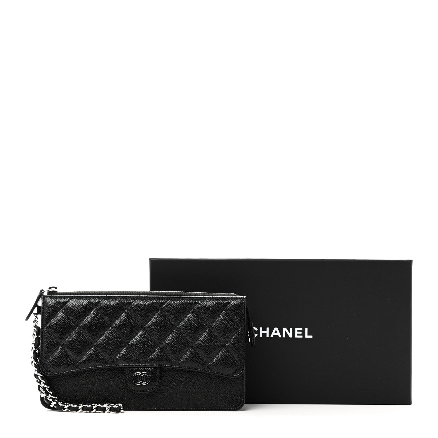 Caviar Quilted Classic Pouch With Handle Black