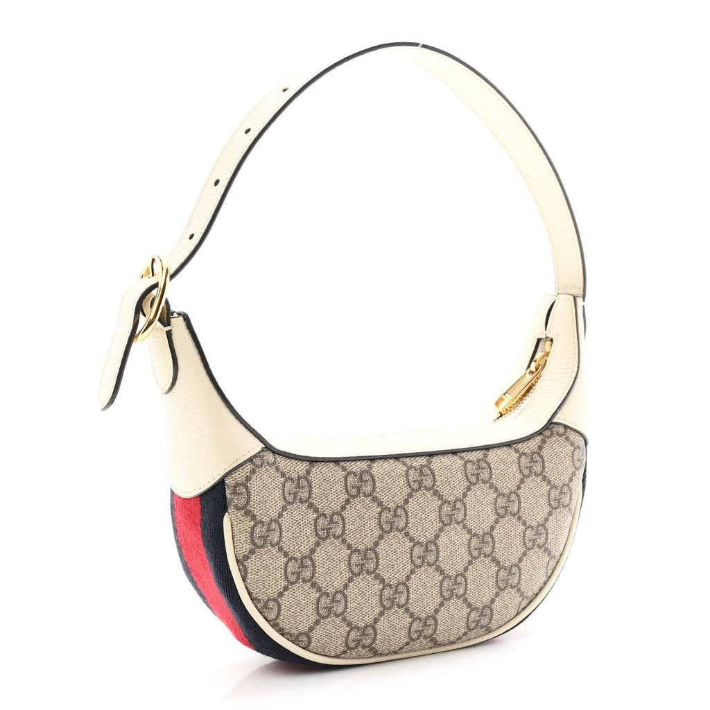 GG Supreme Monogram Textured Dollar Calfskin Web Mini Ophidia Half Moon Hobo Beige Ebony Mystic White