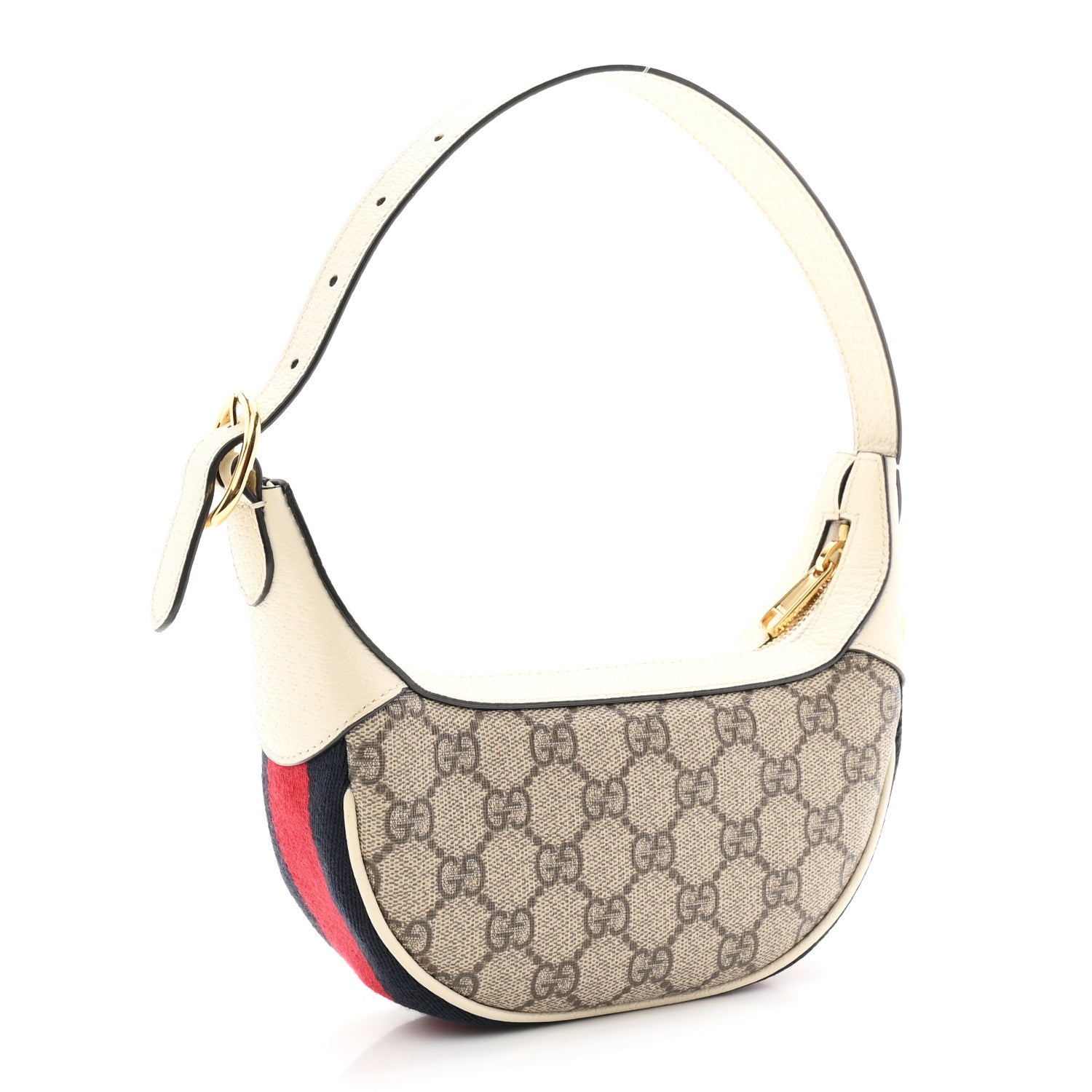 GG Supreme Monogram Textured Dollar Calfskin Web Mini Ophidia Half Moon Hobo Beige Ebony Mystic White
