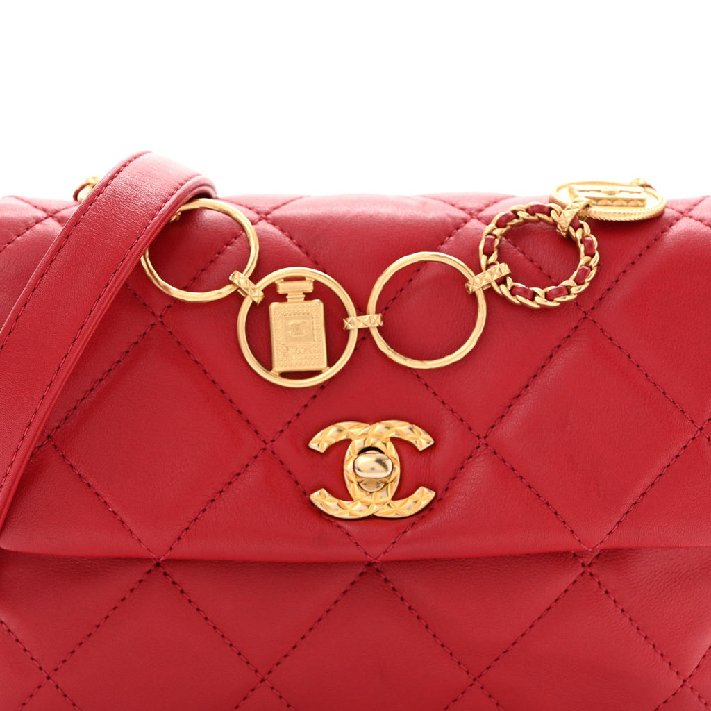 Calfskin Quilted Mini Charms Flap Red