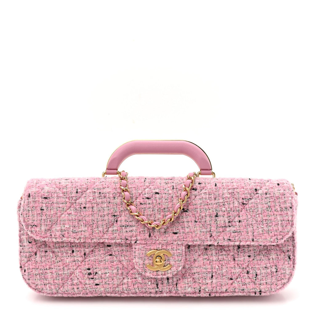 Tweed Large Top Handle Clutch With Chain Pink Black Ecru