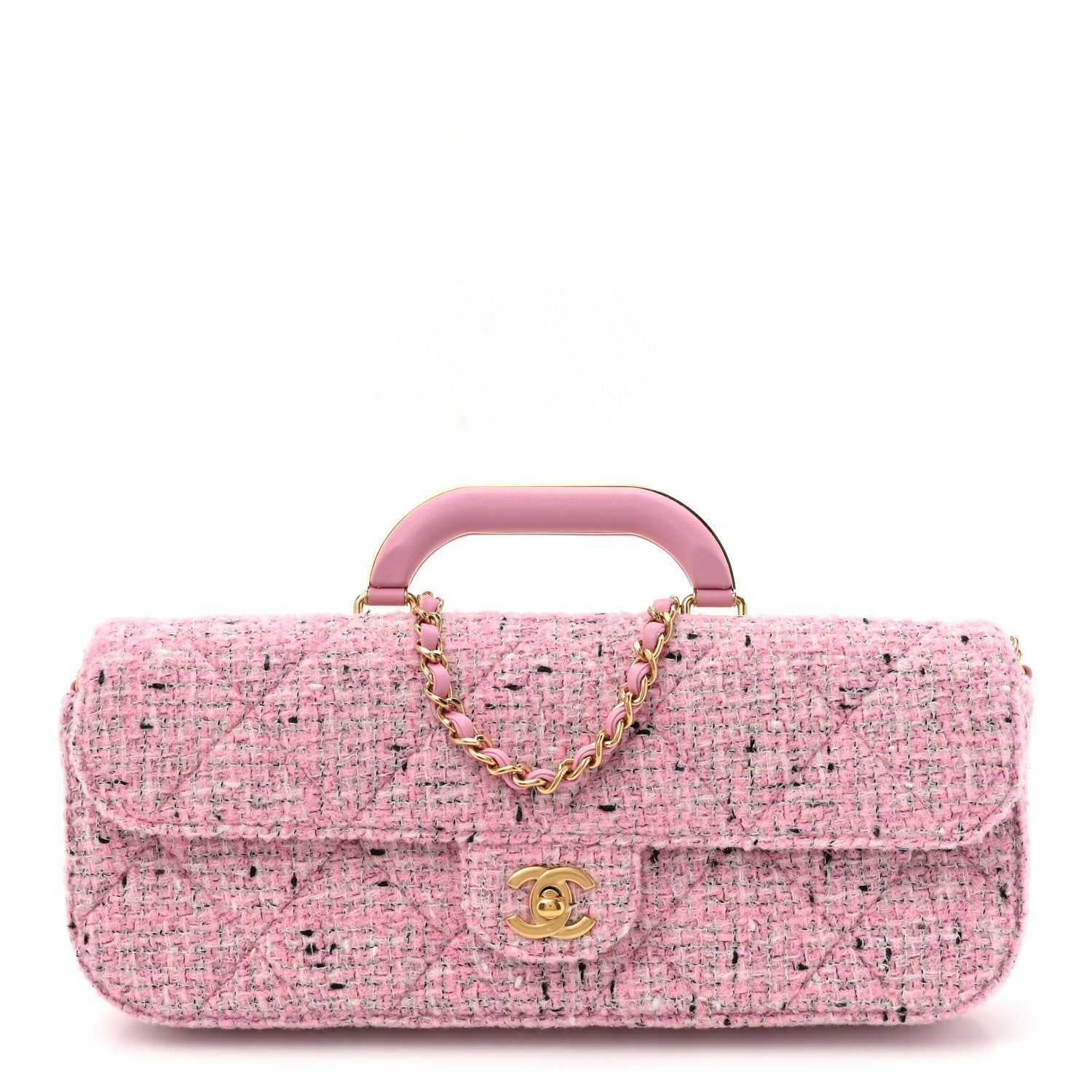 Tweed Large Top Handle Clutch With Chain Pink Black Ecru