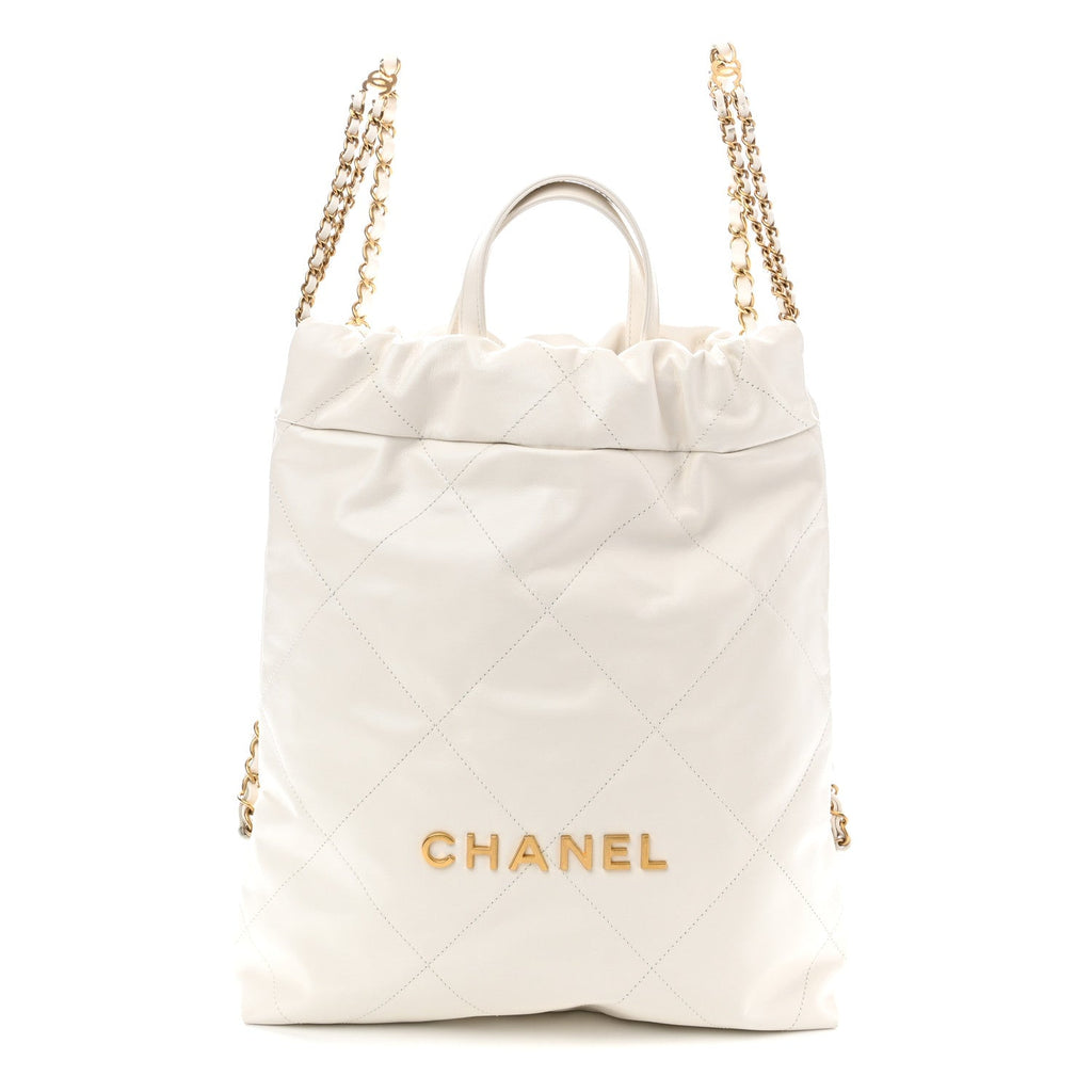 Shiny Calfskin Quilted Chanel 22 Backpack White