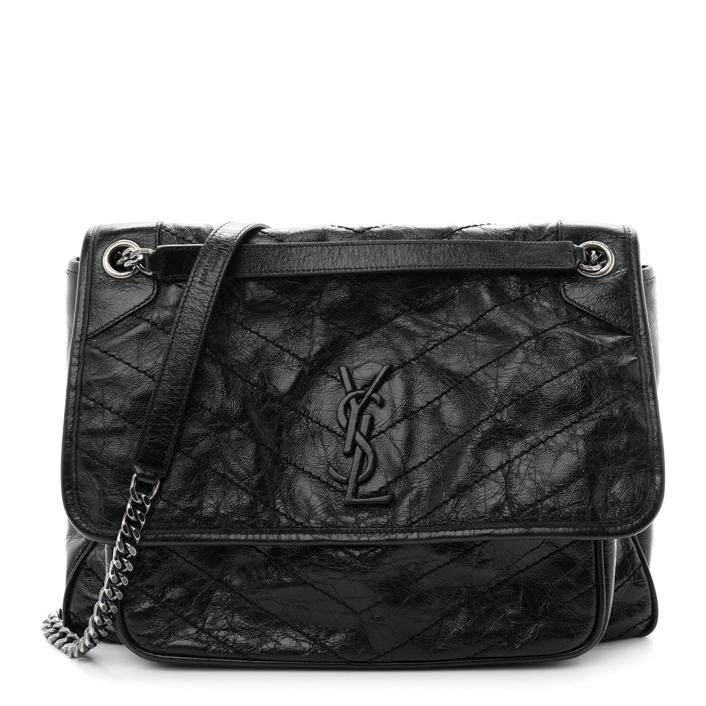 Crinkled Calfskin Matelasse Monogram Large Niki Chain Satchel Black