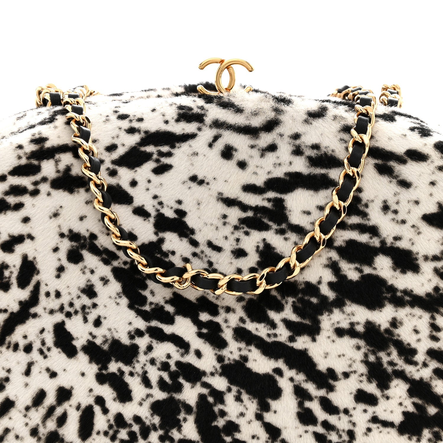 Lambskin Pony Hair Printed Clutch With Chain Black White