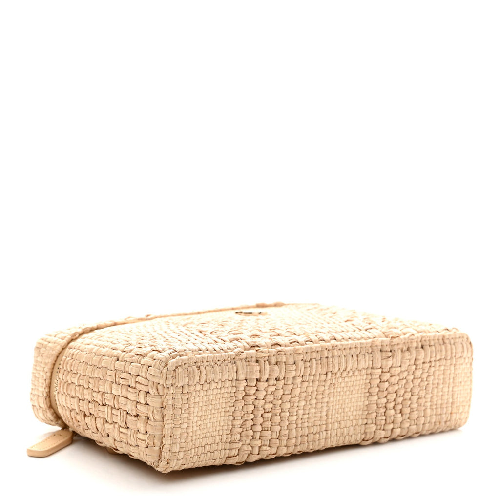 Braided Raffia Quilted Top Handle Slim Vanity Case With Chain Beige