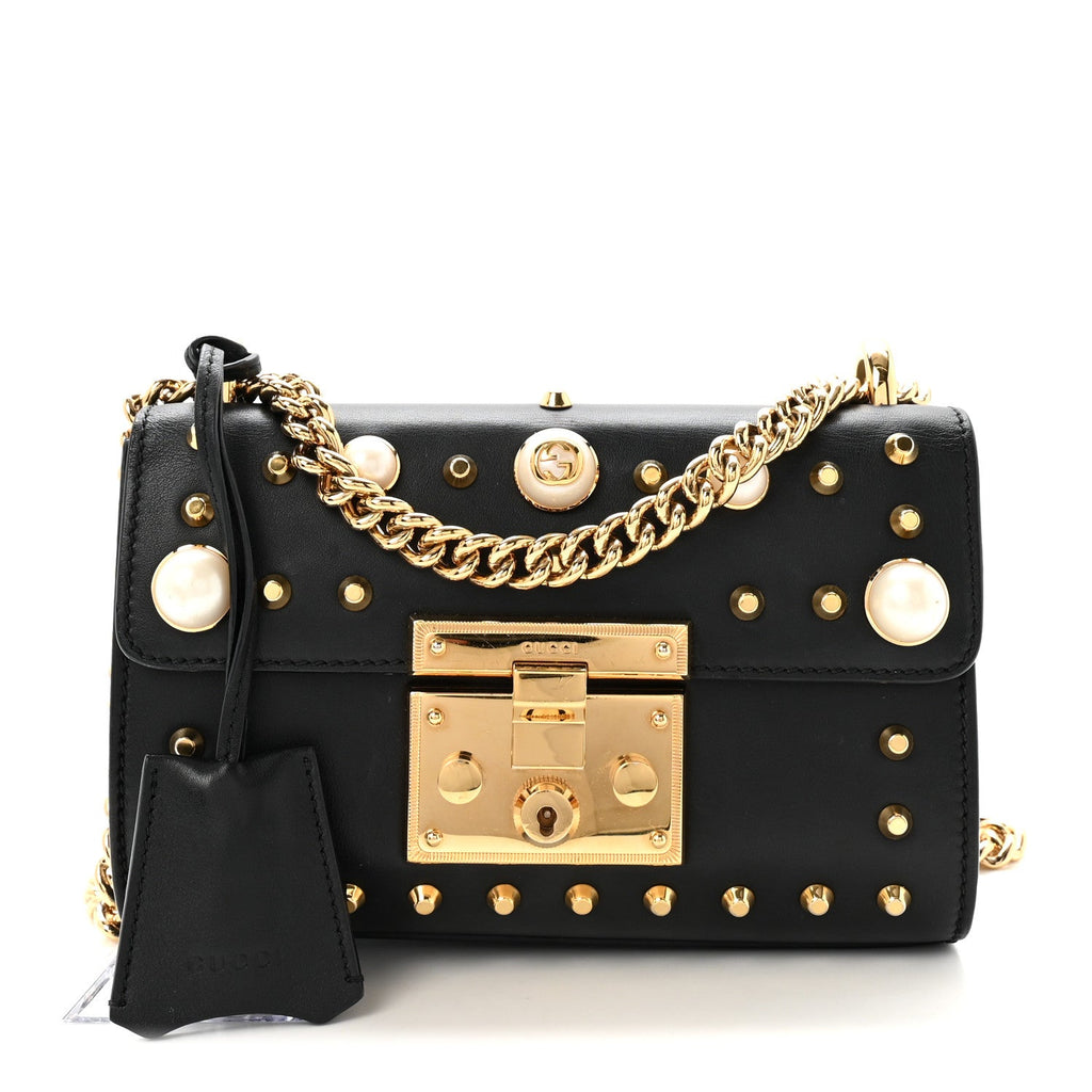 Calfskin Studded Small Padlock Shoulder Bag Black