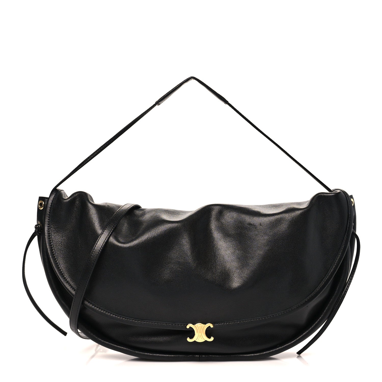 Shiny Lambskin Soft Triomphe Half Moon Bag Black