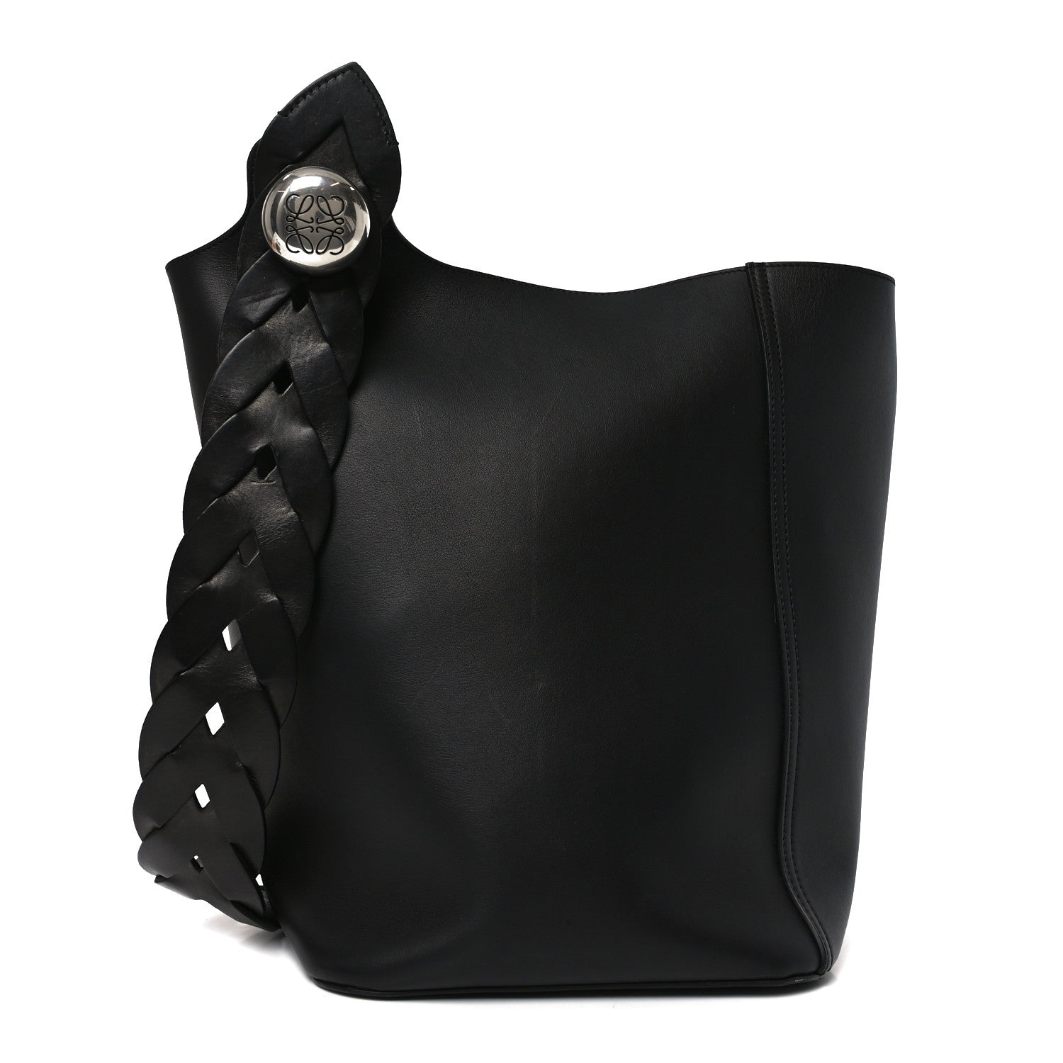 Smooth Calfski Large Woven Pebble Bucket Bag Black