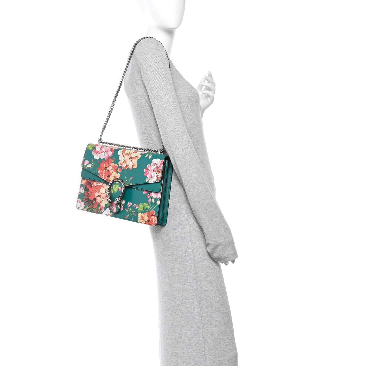 Calfskin Blooms Print Medium Dionysus Shoulder Bag Bright Emerald Multicolor