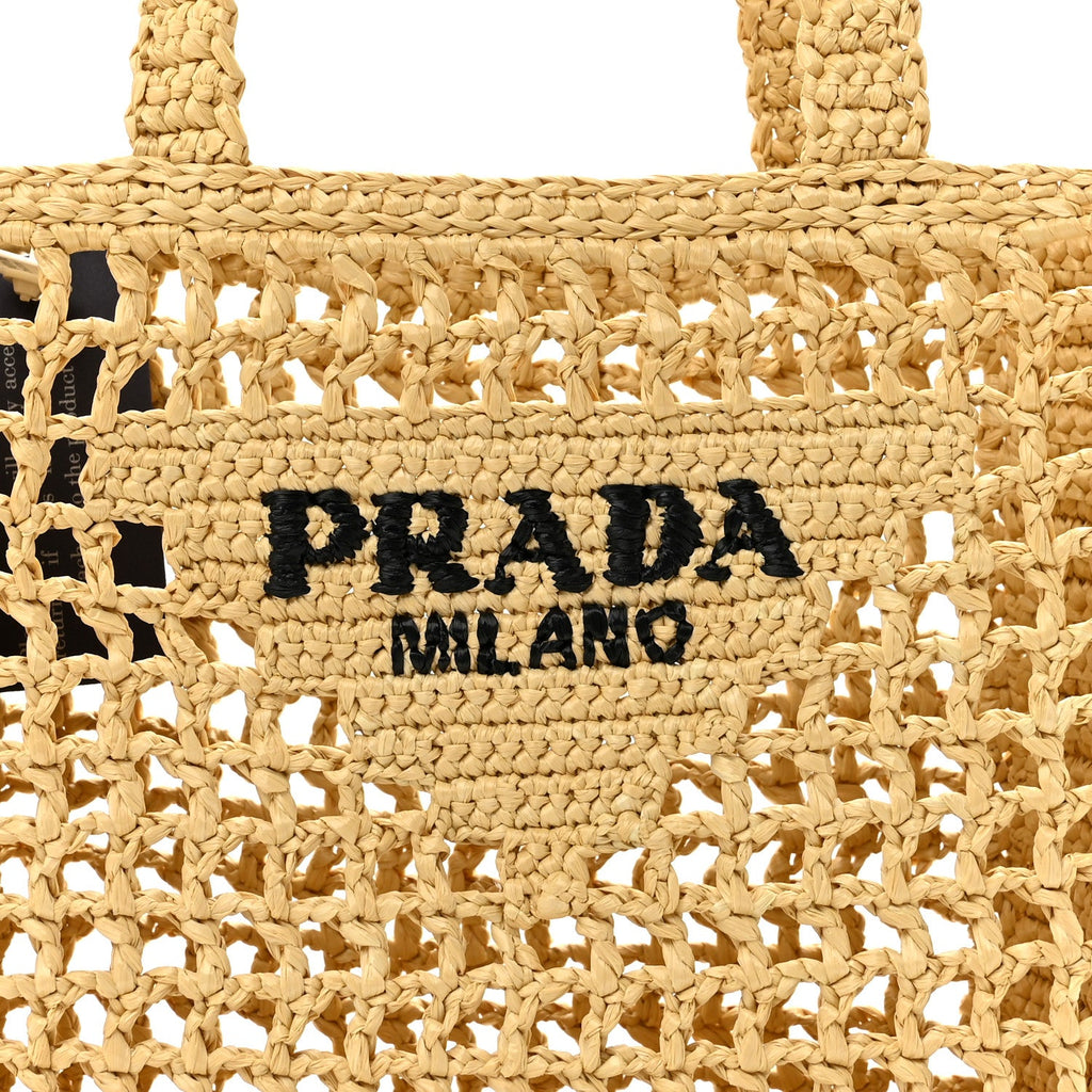 Yarn Raffia Effect Crochet Logo Embroidered Small Tote Bag Naturale