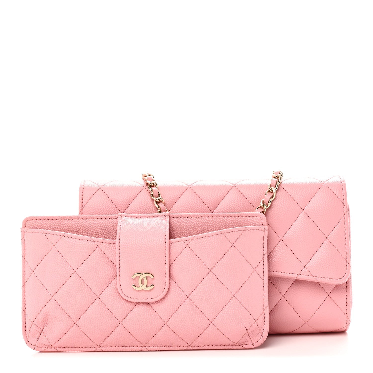 Caviar Quilted Phone Holder Wallet on Removable Chain Pink