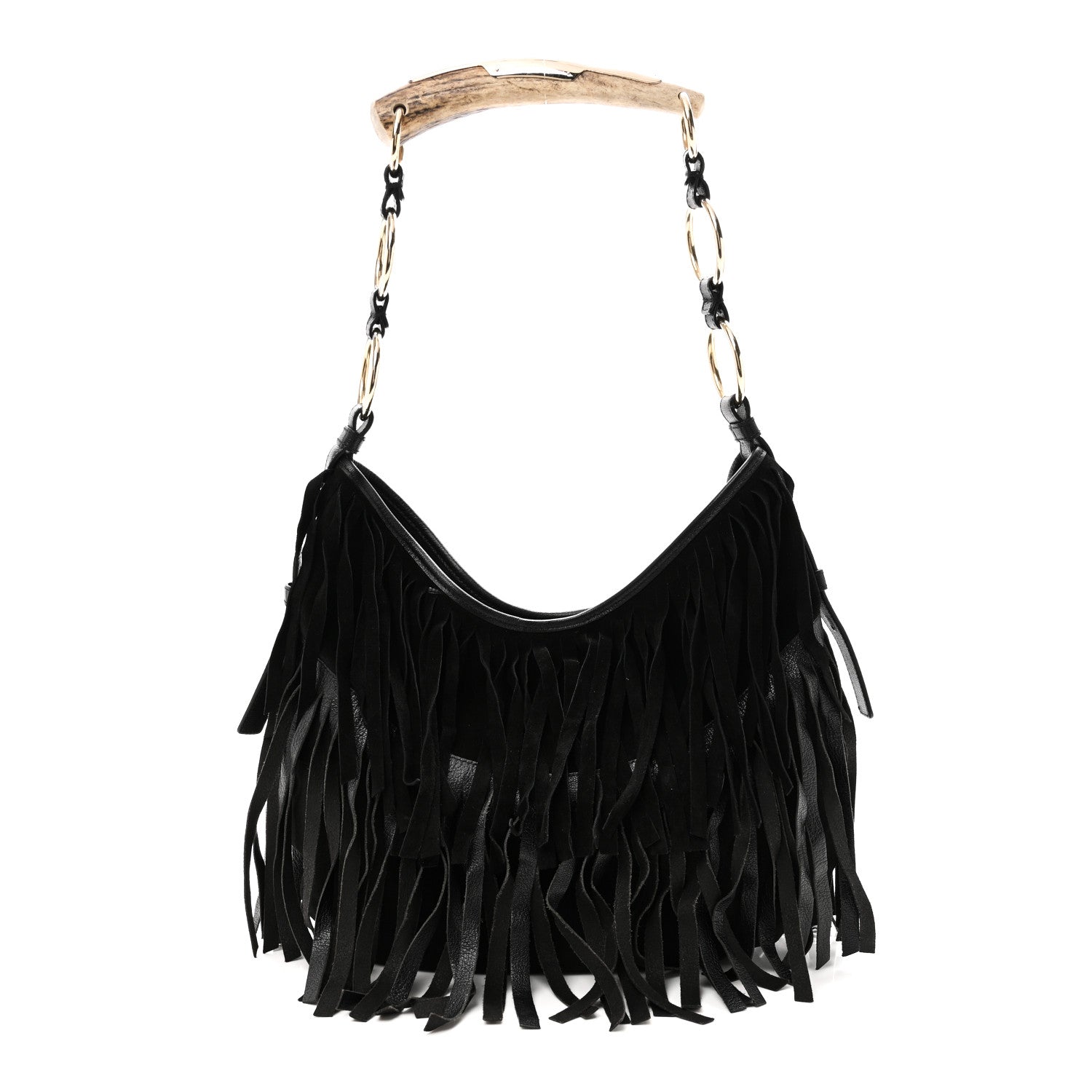Suede Calfskin Fringe Buffalo Horn Mombasa Hobo Black
