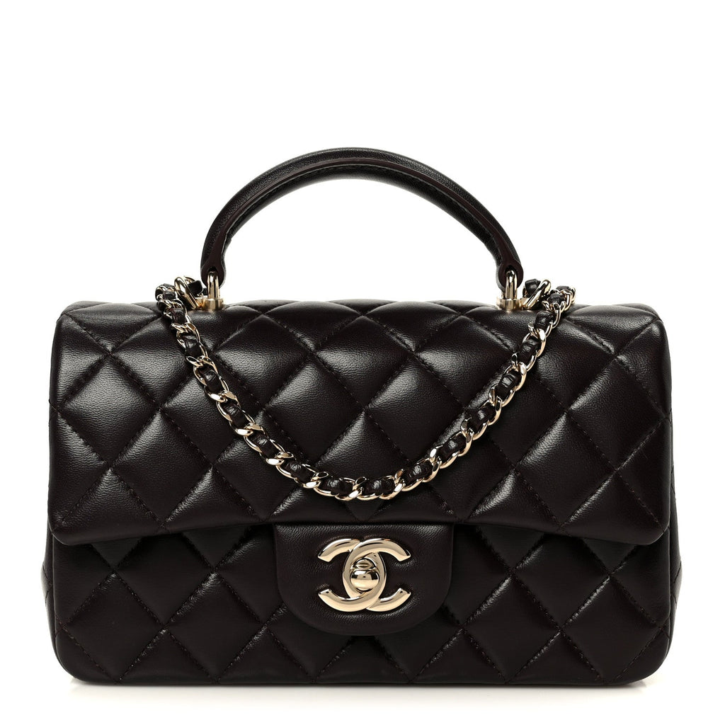 Lambskin Quilted Mini Top Handle Rectangular Flap Dark Brown
