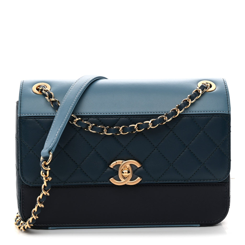 Lambskin Calfskin Quilted Shoulder Flap Bag Dark Blue Light Blue