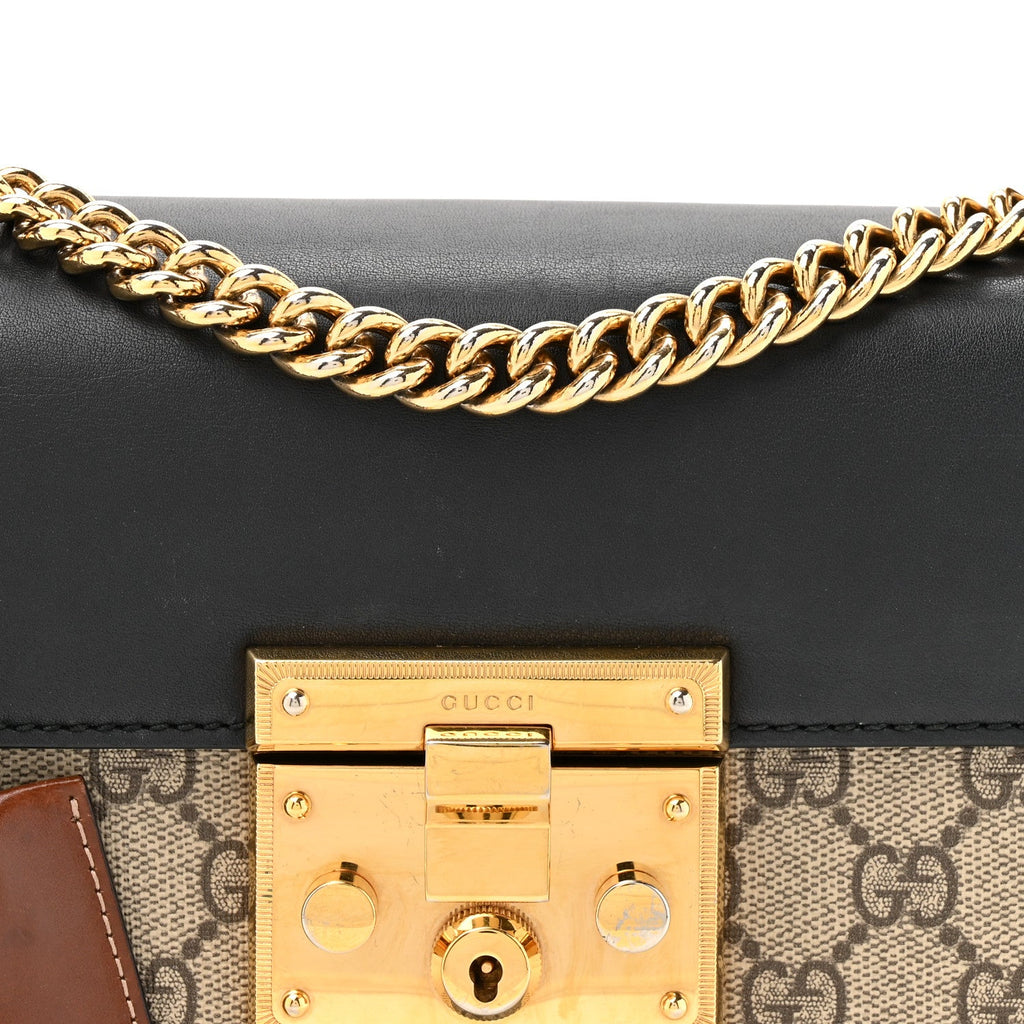 GG Supreme Monogram Calfskin Small Padlock Shoulder Bag Beige Black Cuir