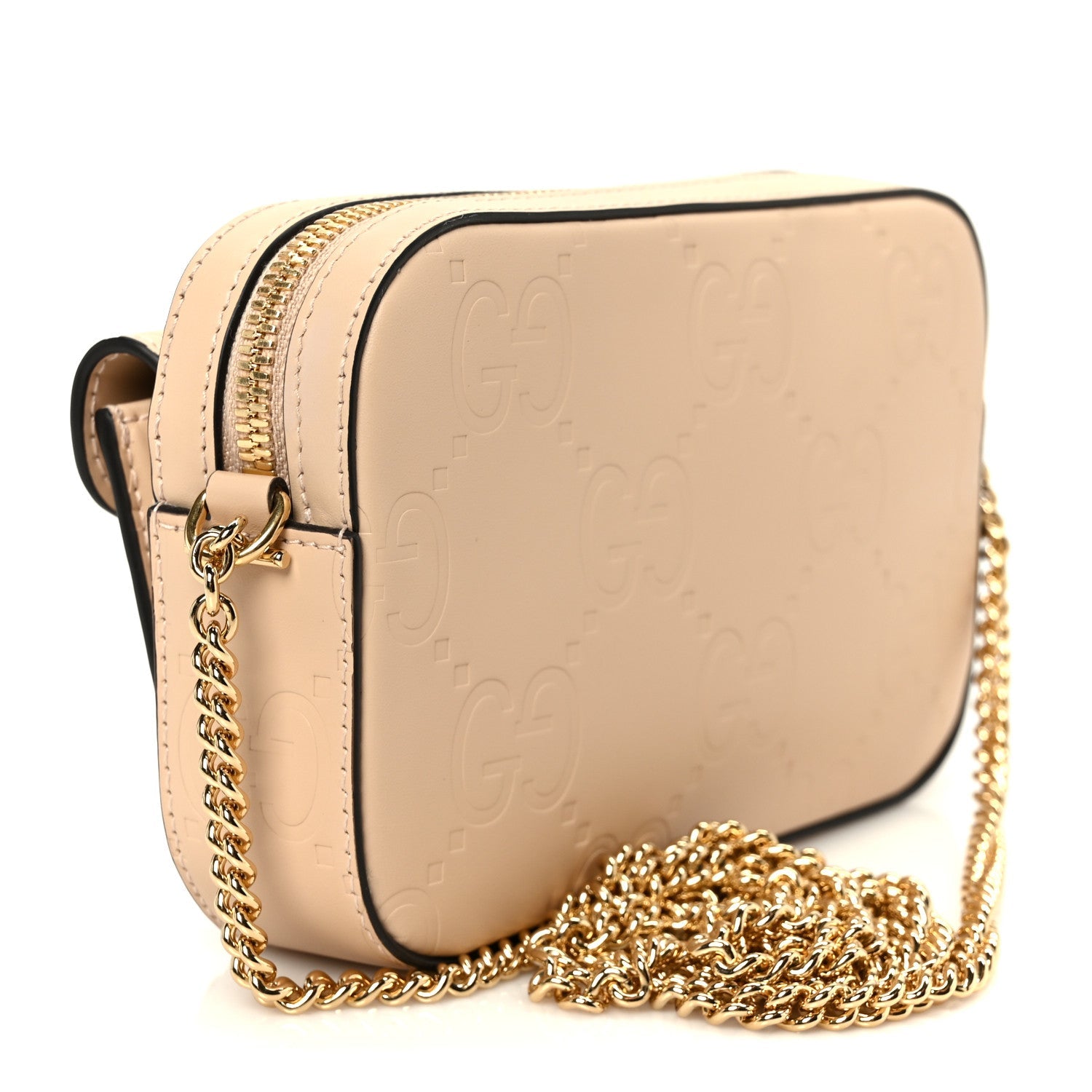 Calfskin GG Super Mini Debossed Chain Wallet Light Beige