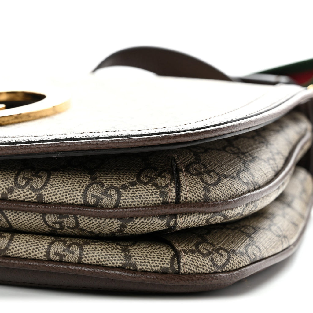 GG Supreme Monogram Textured Dollar Calfskin Web Medium Blondie Top Handle Shoulder Flap Bag Beige Ebony New Acero