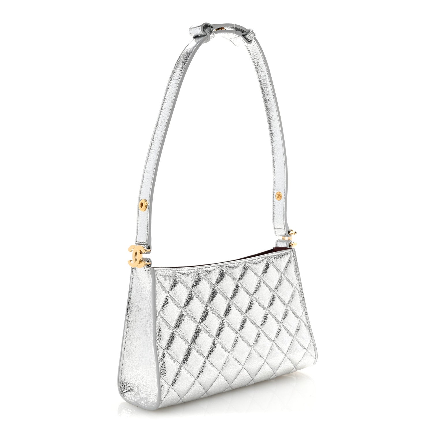Metallic Crackled Calfskin Quilted Hobo Silver