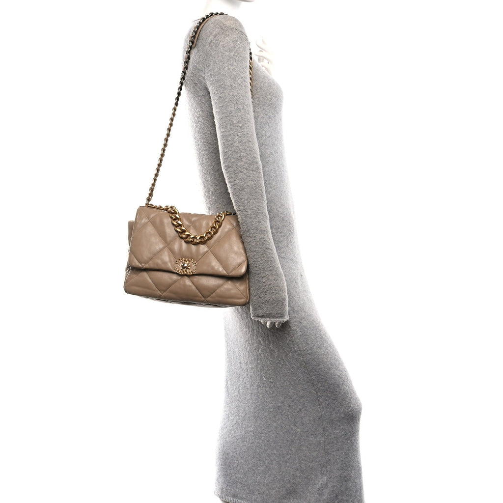 Lambskin Quilted Large Chanel 19 Flap Beige